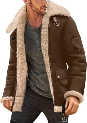 Mens Winter Coats, Mens Sherpa Fleece Lined Faux Leather Jacket Heavyweight Zip Up Bomber Jackets Vintage Winter Coats