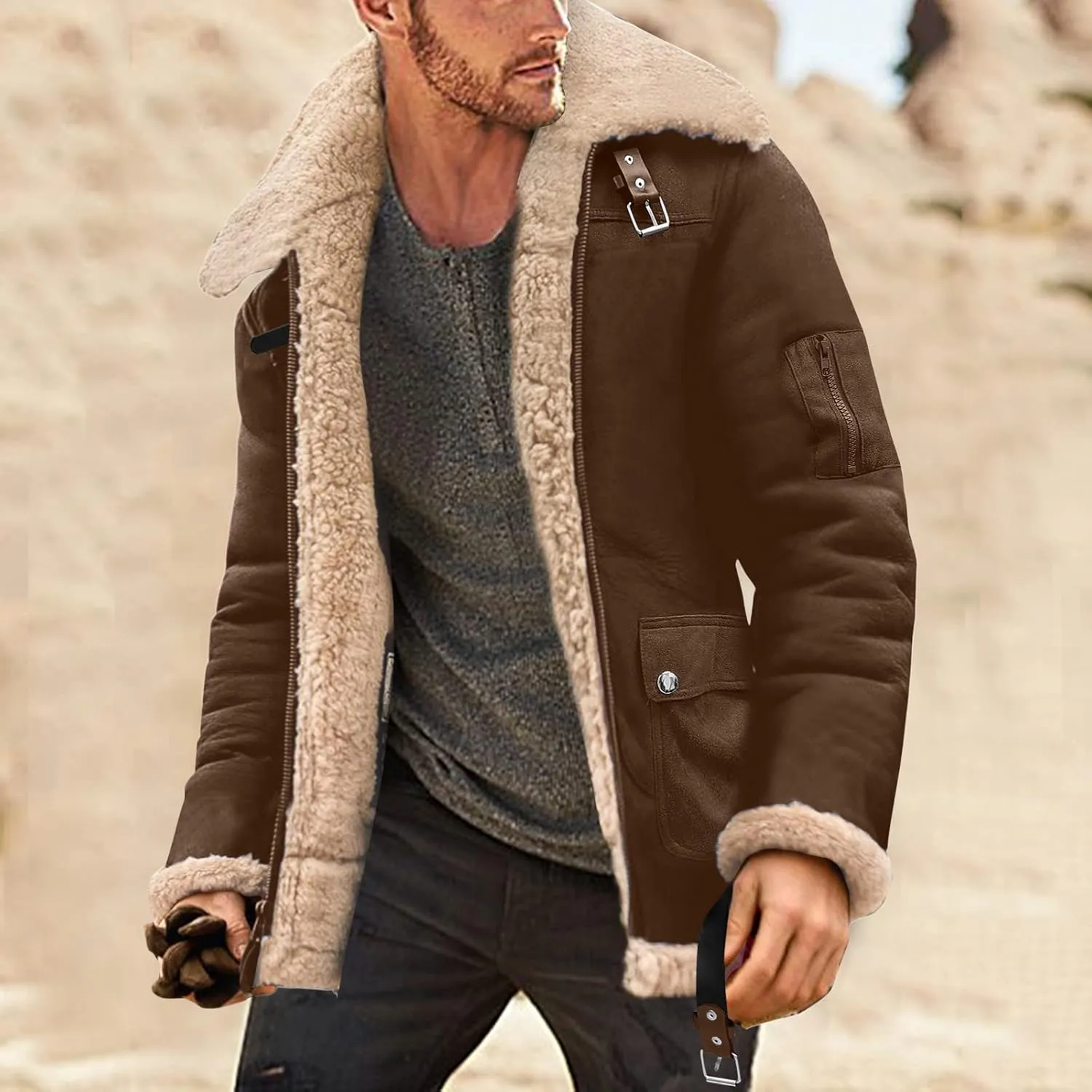 Mens Winter Coats, Mens Sherpa Fleece Lined Faux Leather Jacket Heavyweight Zip Up Bomber Jackets Vintage Winter Coats