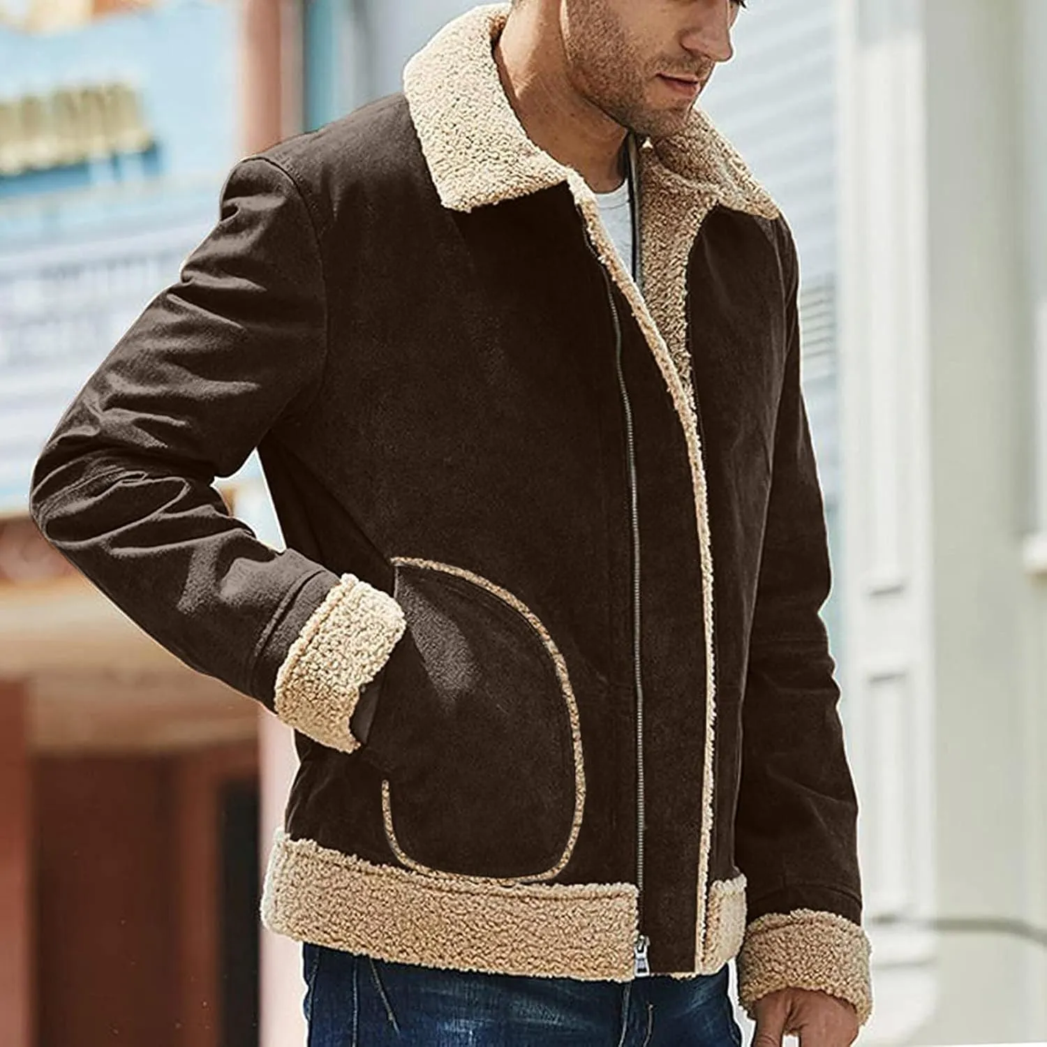 Mens Winter Faux Suede Leather Jacket Sherpa Fleece Lined Coat Lapel Zip Up Thickened Outwear with Pocket