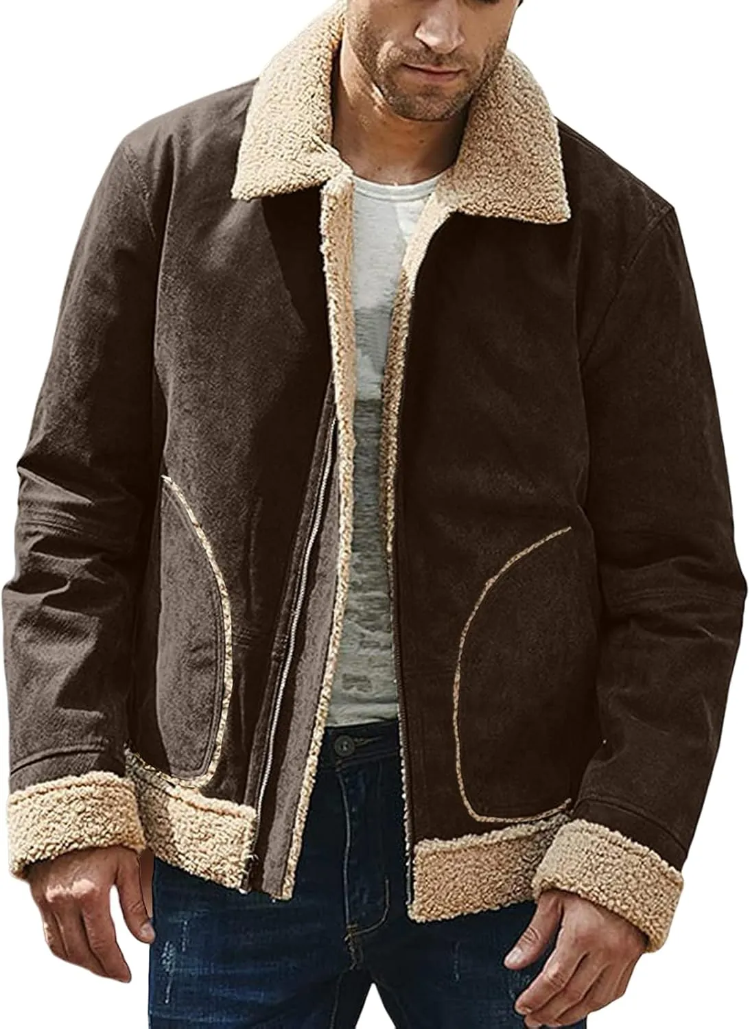 Mens Winter Faux Suede Leather Jacket Sherpa Fleece Lined Coat Lapel Zip Up Thickened Outwear with Pocket