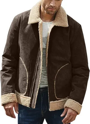 Mens Winter Faux Suede Leather Jacket Sherpa Fleece Lined Coat Lapel Zip Up Thickened Outwear with Pocket