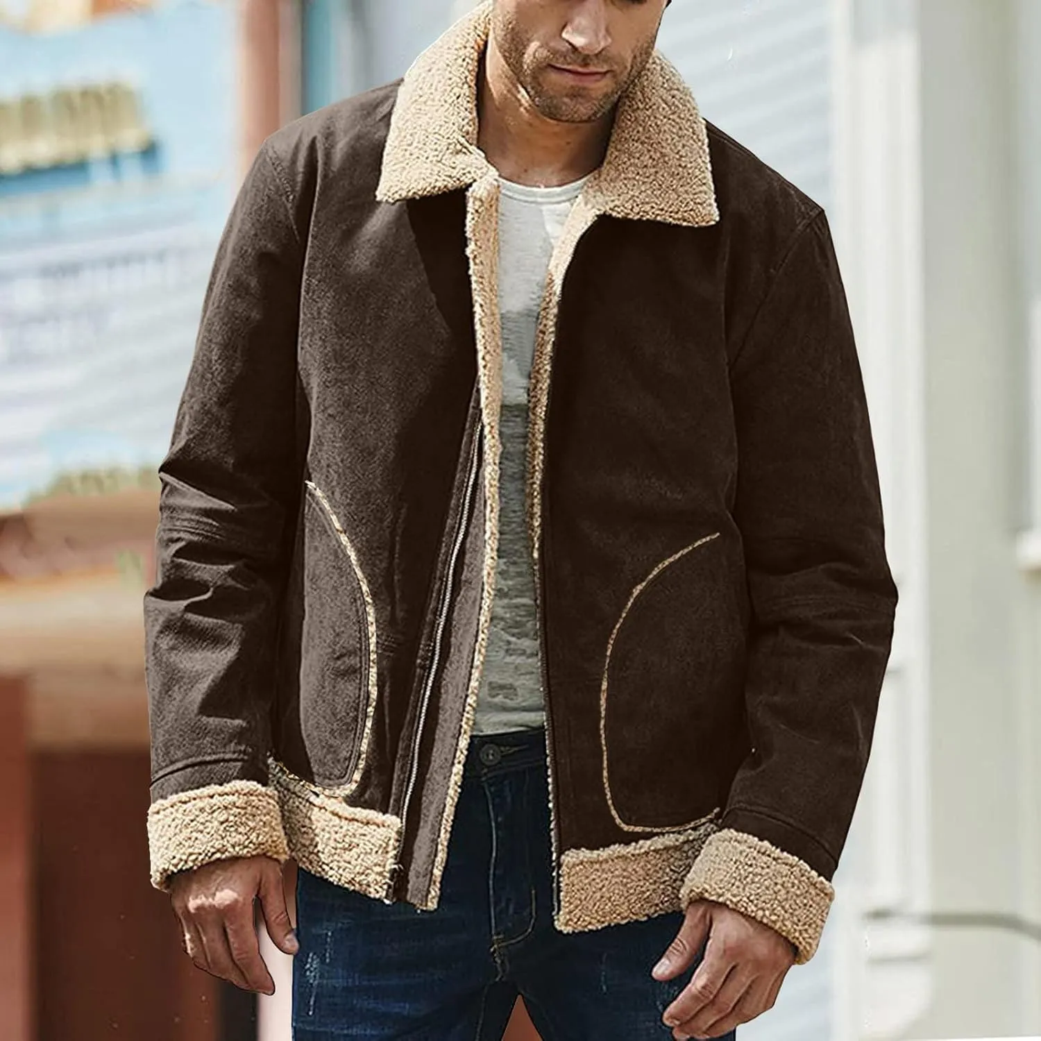 Mens Winter Faux Suede Leather Jacket Sherpa Fleece Lined Coat Lapel Zip Up Thickened Outwear with Pocket