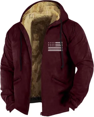 Men's Winter Sherpa Lined Hoodie Jacket Flag Print Zip Up Sweatshirt Heavyweight Warm Fleece Coat with Pockets M-7XL