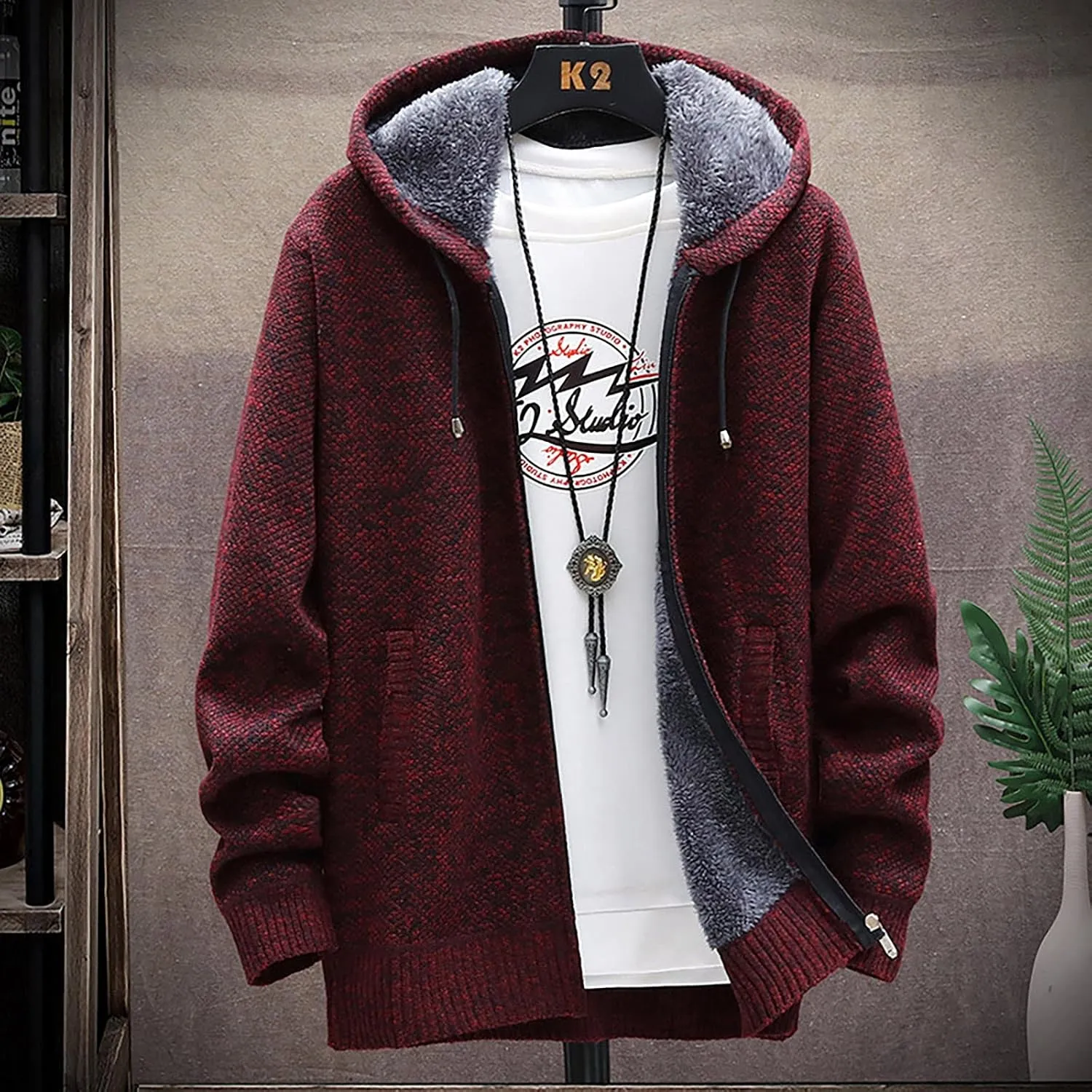 Men's Winter Sherpa Lined Hoodie Jackets Full Zip Up Sweater Knit Cardigan Warm Fleece Coats, M-3XL