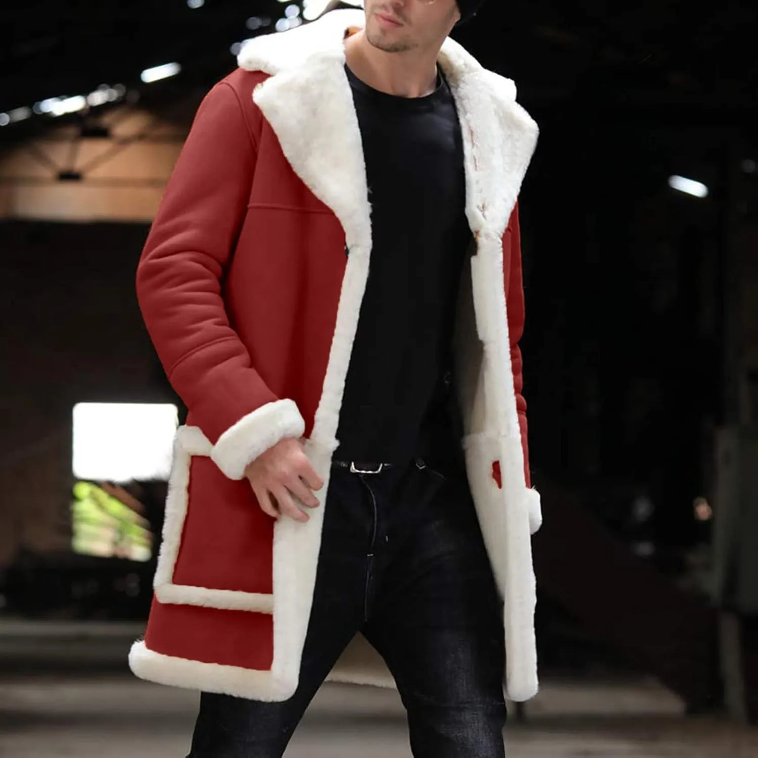 Mens Winter Suede Sherpa Lined Coat Fleece Sheepskin Jacket Pea Coat Faux Fur Collar Shearling Jacket Leather Coat