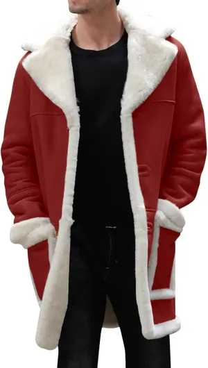 Mens Winter Suede Sherpa Lined Coat Fleece Sheepskin Jacket Pea Coat Faux Fur Collar Shearling Jacket Leather Coat