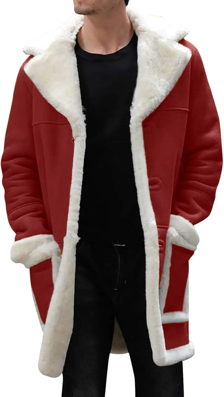 Mens Winter Suede Sherpa Lined Coat Fleece Sheepskin Jacket Pea Coat Faux Fur Collar Shearling Jacket Leather Coat
