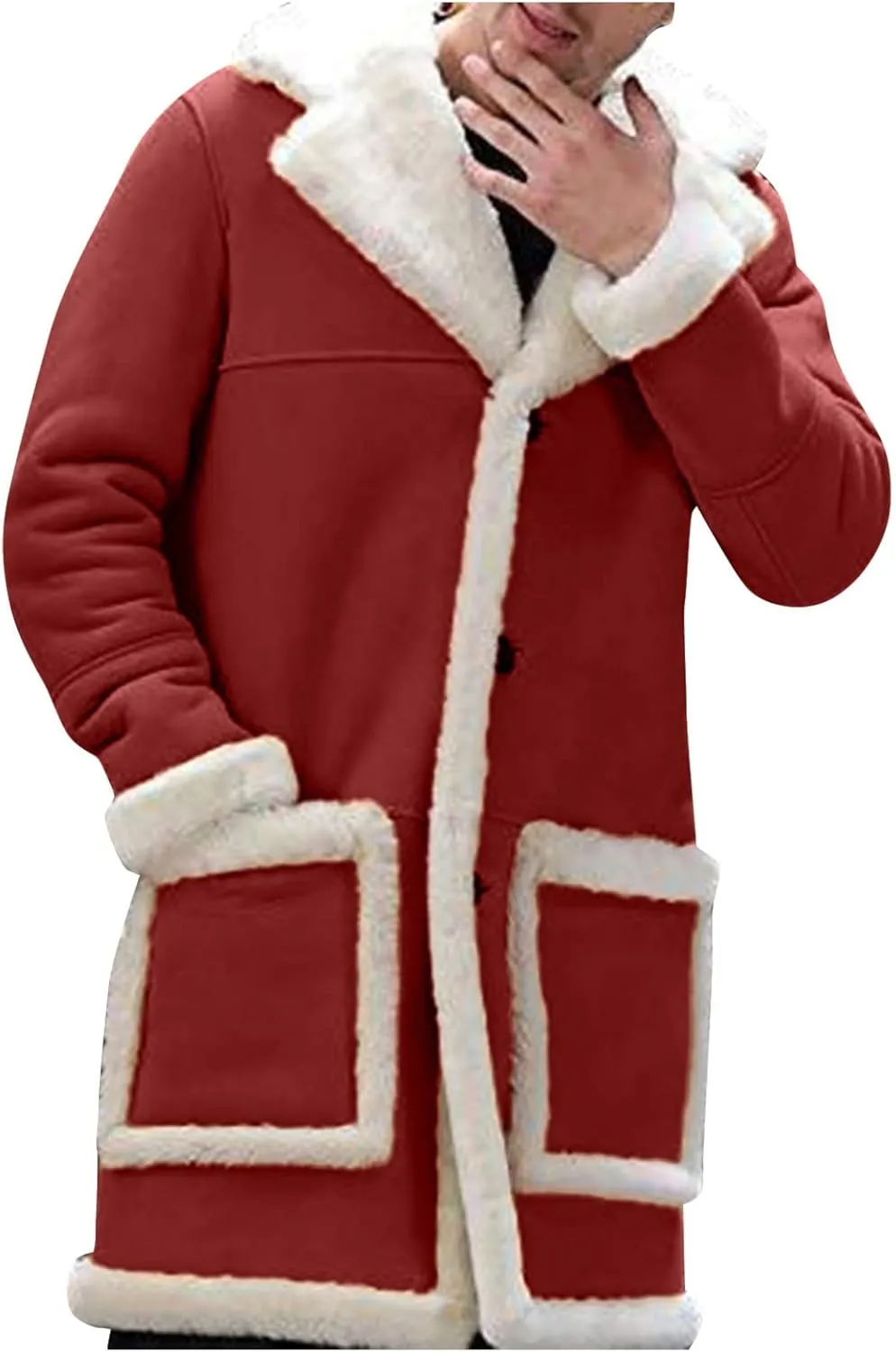 Mens Winter Suede Sherpa Lined Coat Fleece Sheepskin Jacket Pea Coat Faux Fur Collar Shearling Jacket Leather Coat