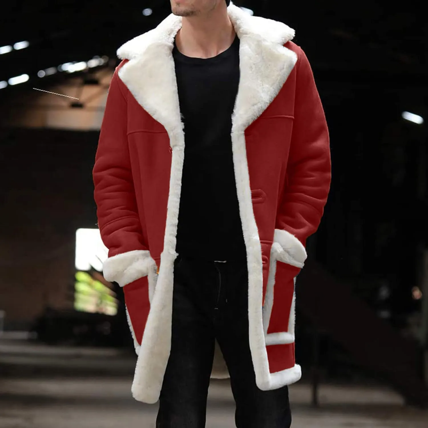 Mens Winter Suede Sherpa Lined Coat Fleece Sheepskin Jacket Pea Coat Faux Fur Collar Shearling Jacket Leather Coat