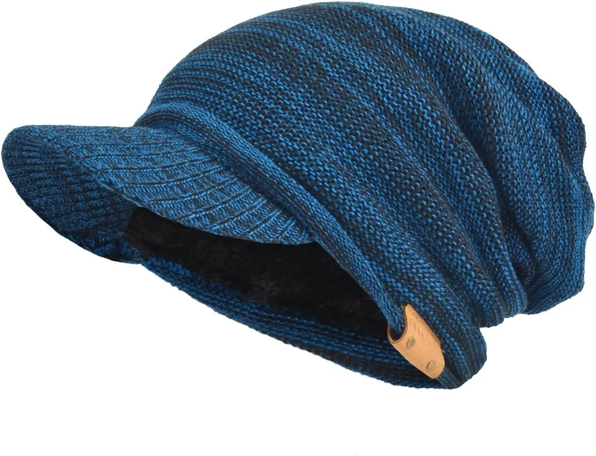 Mens Womens Thick Fleece Lined Knit Newsboy Cap Slouch Beanie Hat with Visor