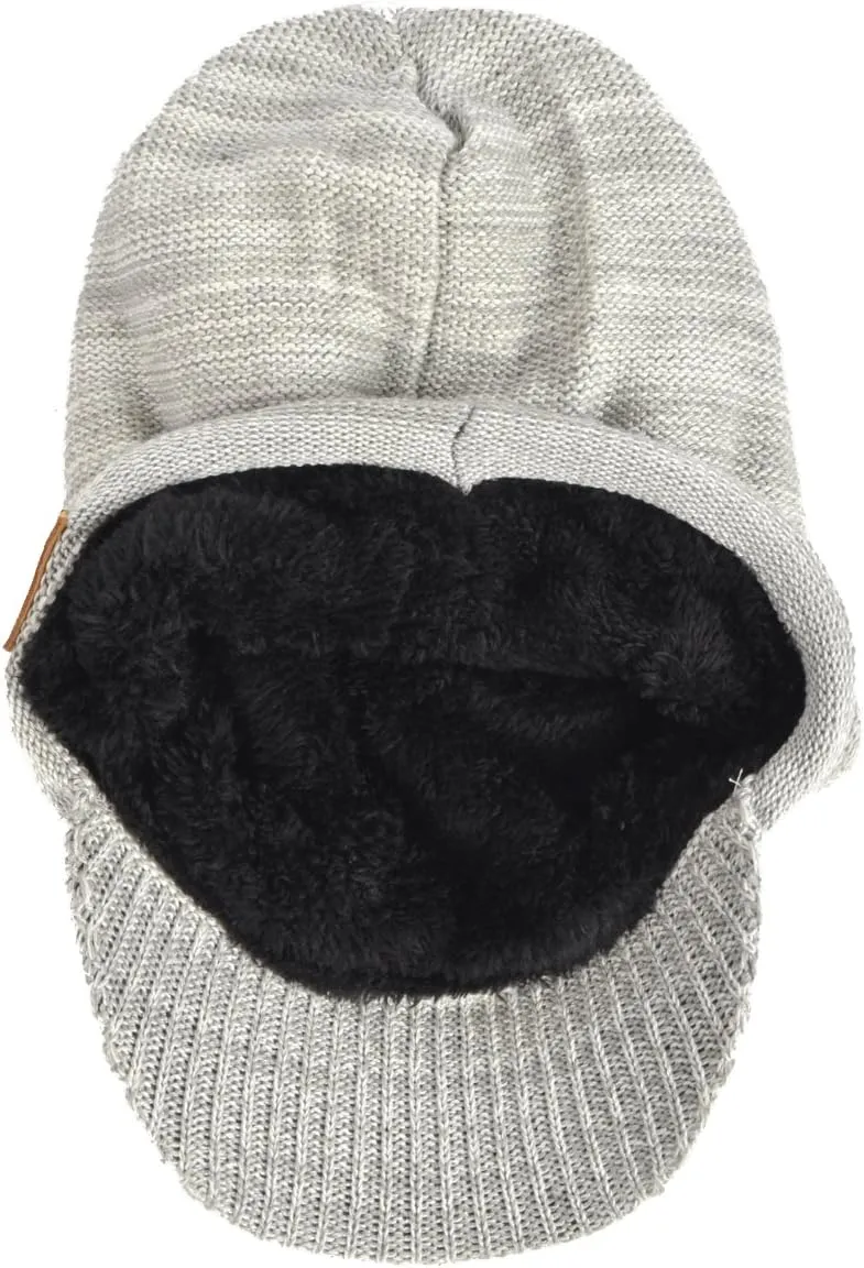 Mens Womens Thick Fleece Lined Knit Newsboy Cap Slouch Beanie Hat with Visor