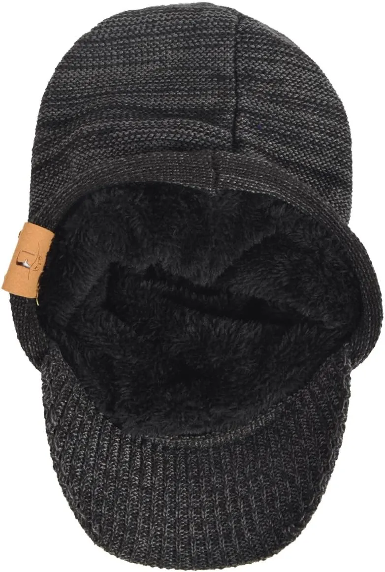 Mens Womens Thick Fleece Lined Knit Newsboy Cap Slouch Beanie Hat with Visor