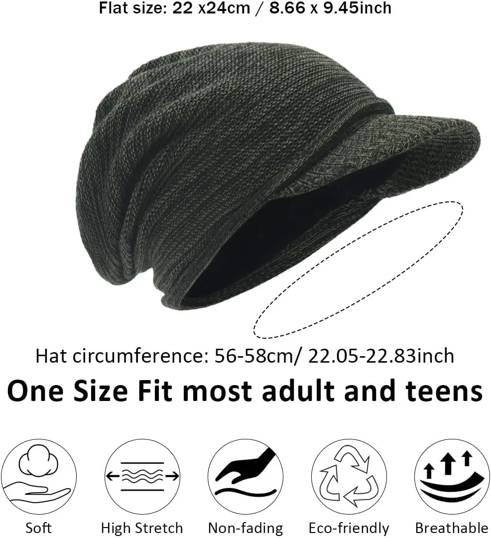 Mens Womens Thick Fleece Lined Knit Newsboy Cap Slouch Beanie Hat with Visor