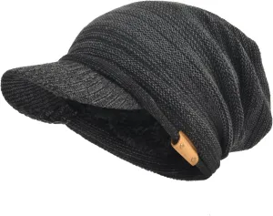 Mens Womens Thick Fleece Lined Knit Newsboy Cap Slouch Beanie Hat with Visor