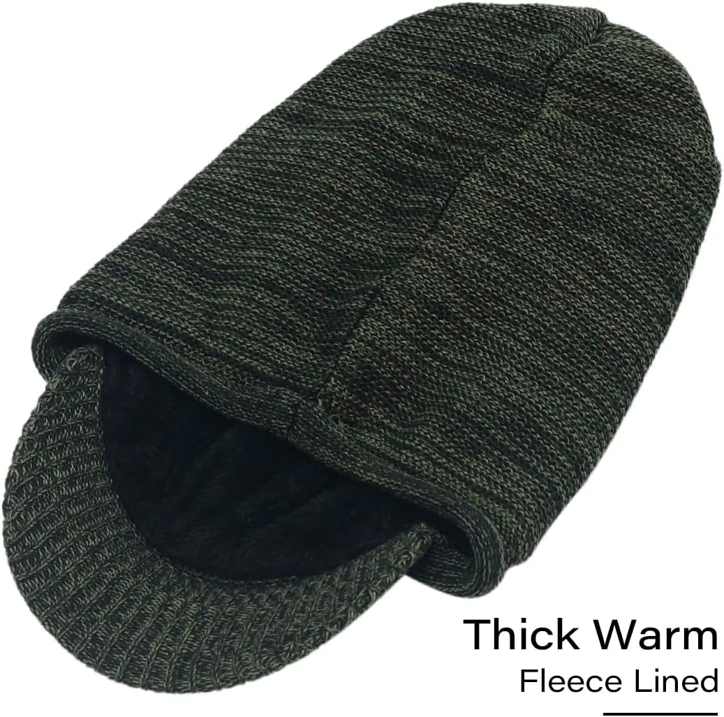 Mens Womens Thick Fleece Lined Knit Newsboy Cap Slouch Beanie Hat with Visor