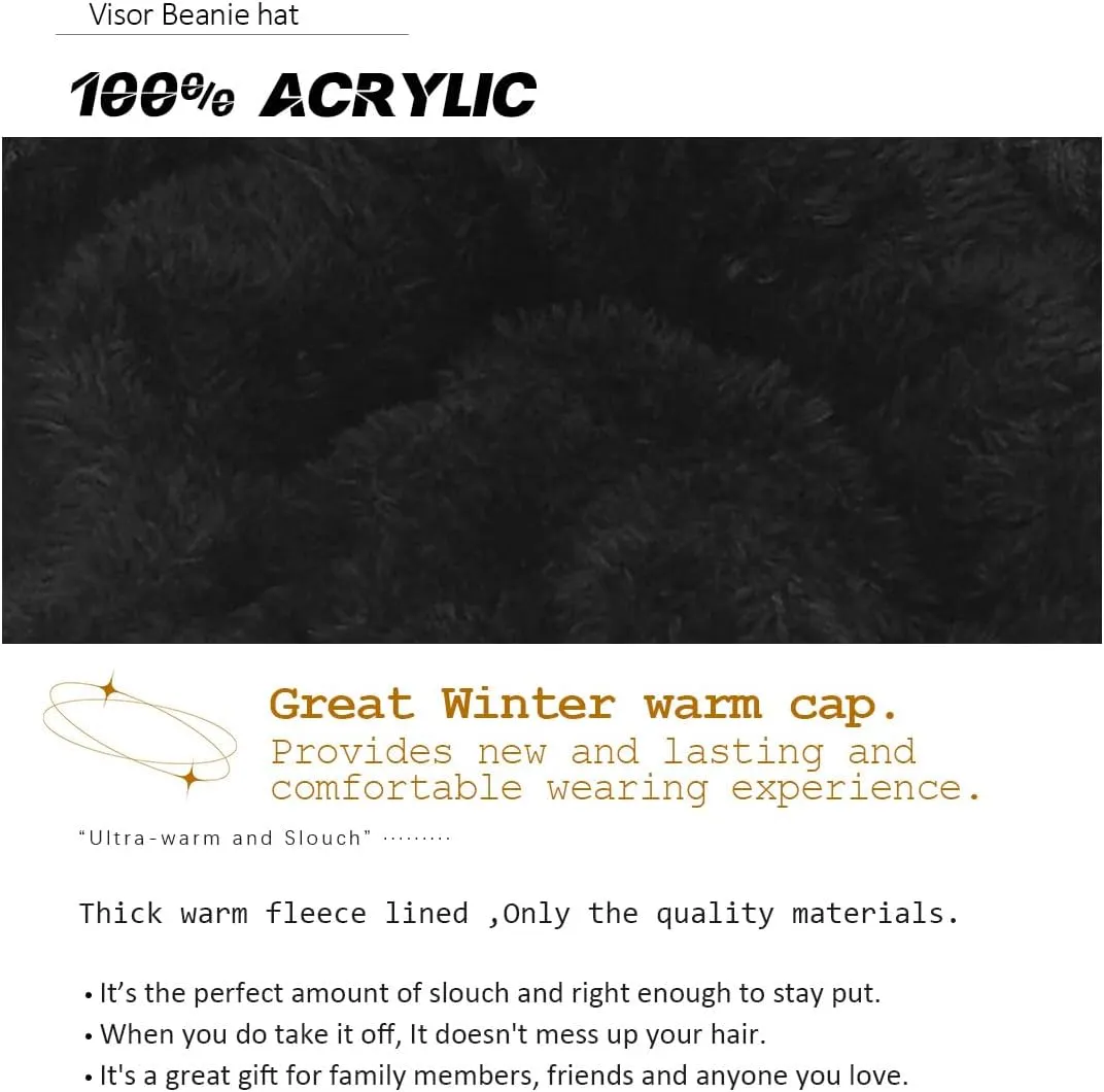 Mens Womens Thick Fleece Lined Knit Newsboy Cap Slouch Beanie Hat with Visor