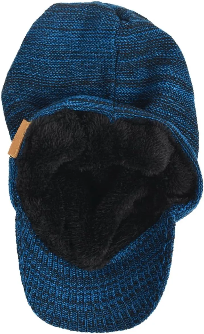 Mens Womens Thick Fleece Lined Knit Newsboy Cap Slouch Beanie Hat with Visor