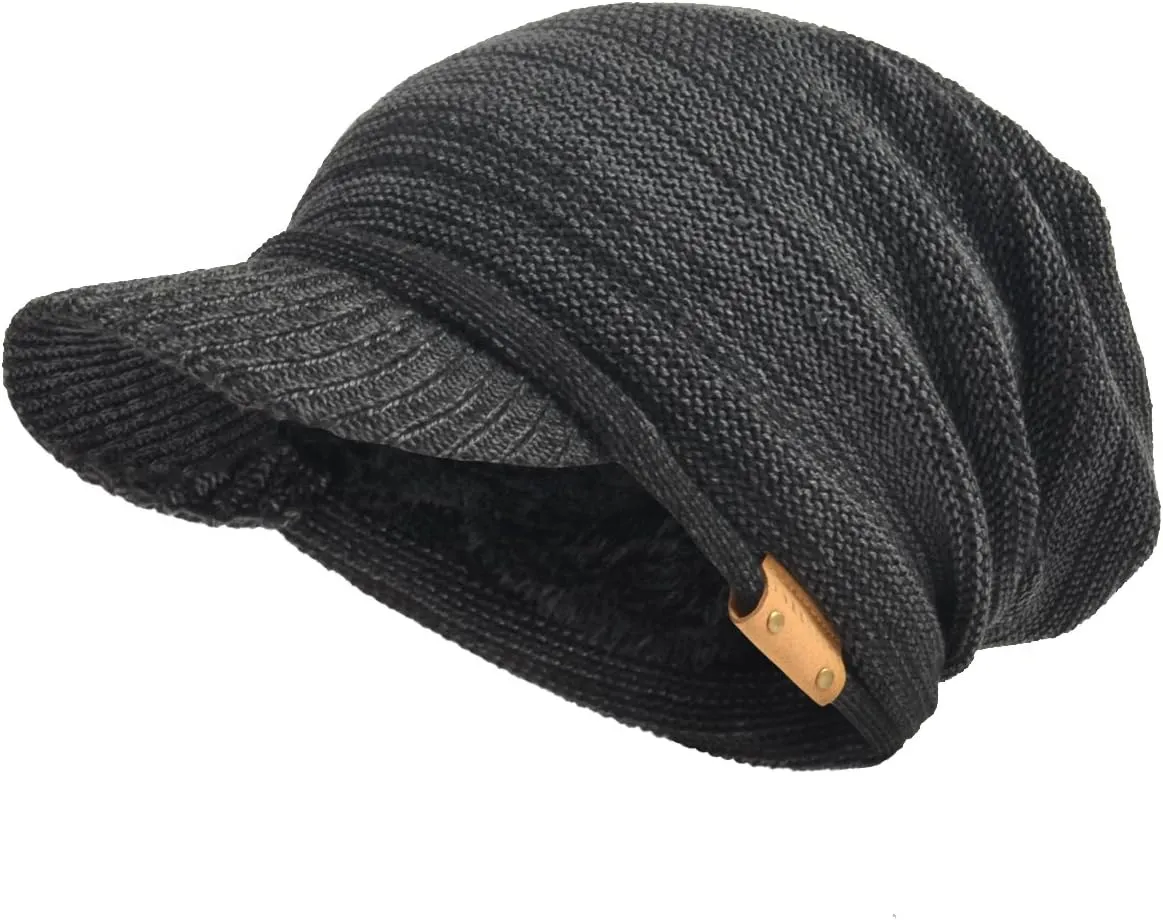Mens Womens Thick Fleece Lined Knit Newsboy Cap Slouch Beanie Hat with Visor