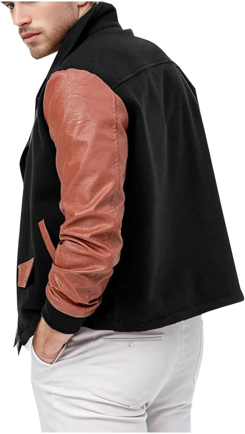 Mens Wool Blend Faux Suede Jacket Slim Fit Zip Up Casual PU Leather Patchwork Motorcycle Biker Coat for Fall Winter