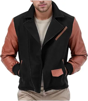 Mens Wool Blend Faux Suede Jacket Slim Fit Zip Up Casual PU Leather Patchwork Motorcycle Biker Coat for Fall Winter