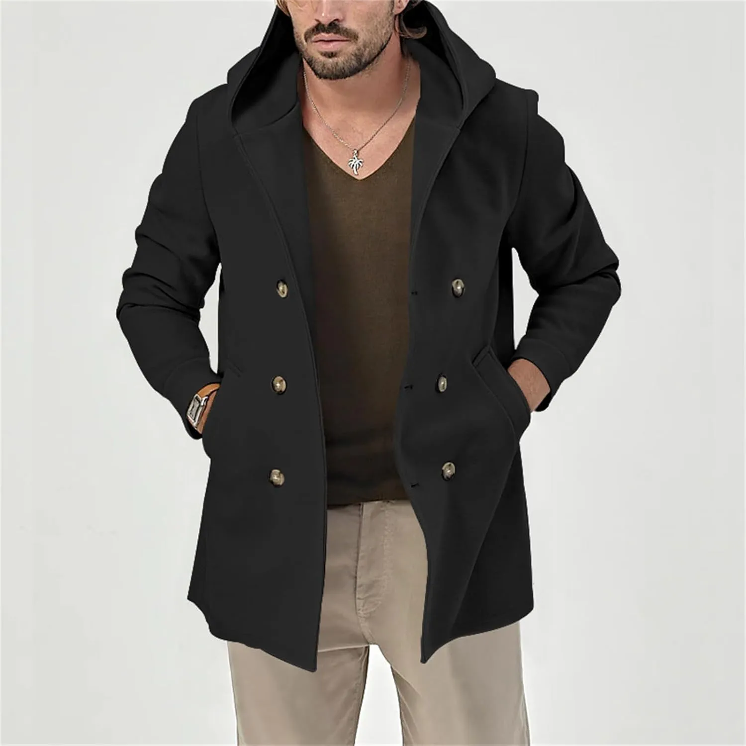Mens Wool Pea Coat & Space Cotton Trench Coat Solid Color, Double Breasted Warm Hooded Jackets Button Down Coat