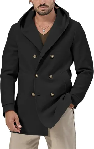 Mens Wool Pea Coat & Space Cotton Trench Coat Solid Color, Double Breasted Warm Hooded Jackets Button Down Coat