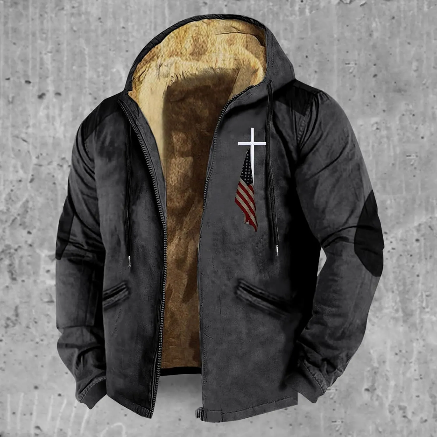 Men's Work Coat Washed Duck Fleece Jacket Brown Zipper Personalized Patch Ski Jacket Puffer Jacket Long Winter Coat