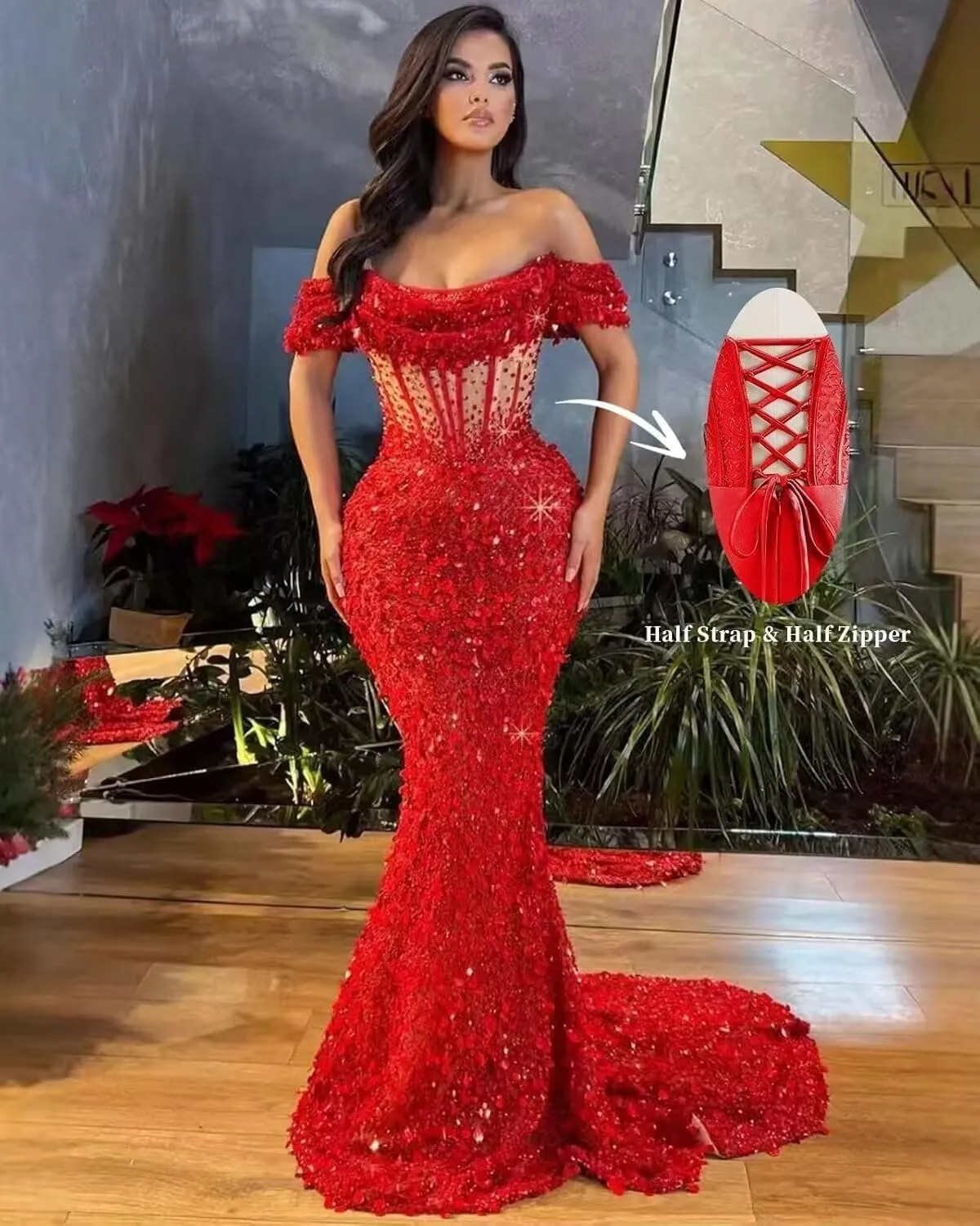 Mermaid Prom Dresses for Women Sparkly Sequin Off Shoulder Corset Long Formal Evening Gowns