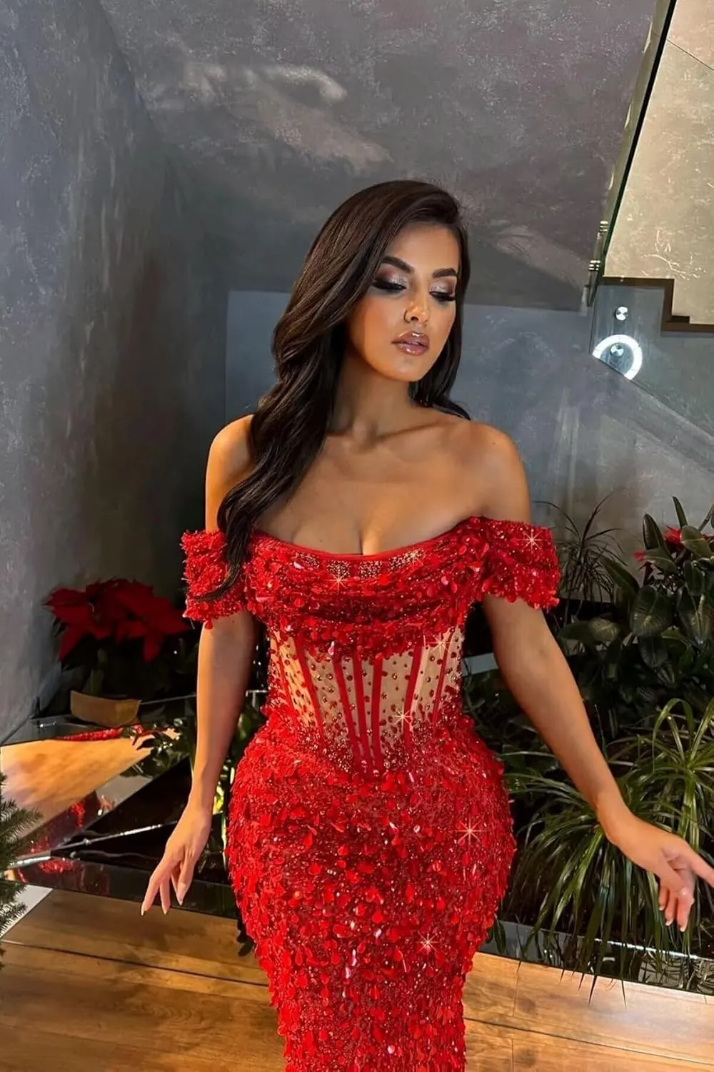 Mermaid Prom Dresses for Women Sparkly Sequin Off Shoulder Corset Long Formal Evening Gowns
