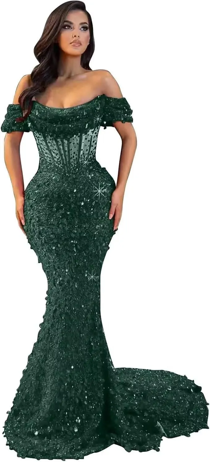 Mermaid Prom Dresses for Women Sparkly Sequin Off Shoulder Corset Long Formal Evening Gowns