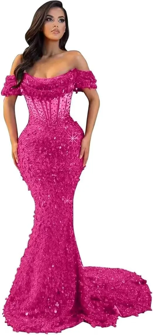 Mermaid Prom Dresses for Women Sparkly Sequin Off Shoulder Corset Long Formal Evening Gowns