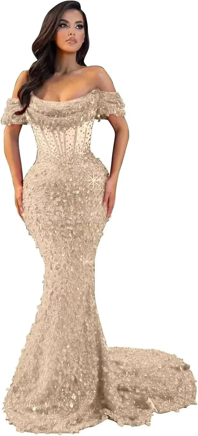 Mermaid Prom Dresses for Women Sparkly Sequin Off Shoulder Corset Long Formal Evening Gowns