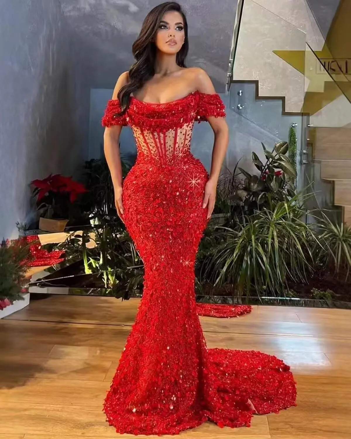 Mermaid Prom Dresses for Women Sparkly Sequin Off Shoulder Corset Long Formal Evening Gowns