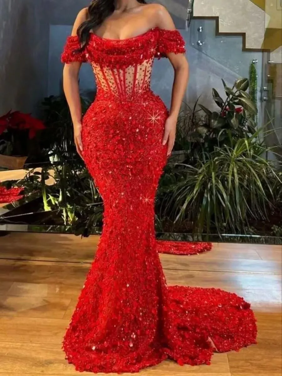 Mermaid Prom Dresses for Women Sparkly Sequin Off Shoulder Corset Long Formal Evening Gowns