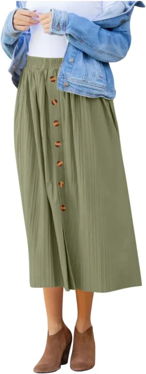 Midi Skirt for Women Summer Vintage Stretch High Waist Button Front A-Line Skirts Casual Solid Flowy Pleated Skirt