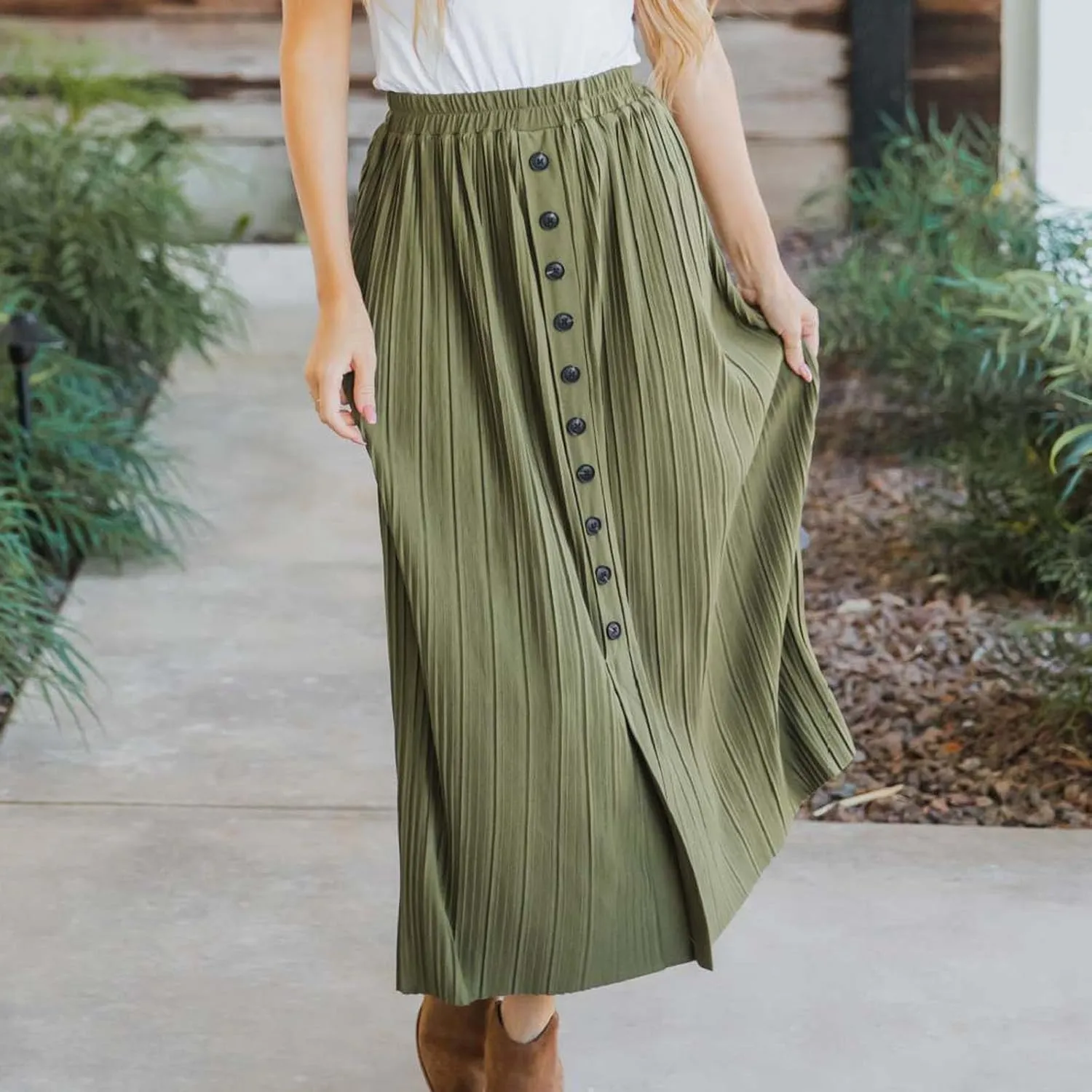 Midi Skirt for Women Summer Vintage Stretch High Waist Button Front A-Line Skirts Casual Solid Flowy Pleated Skirt