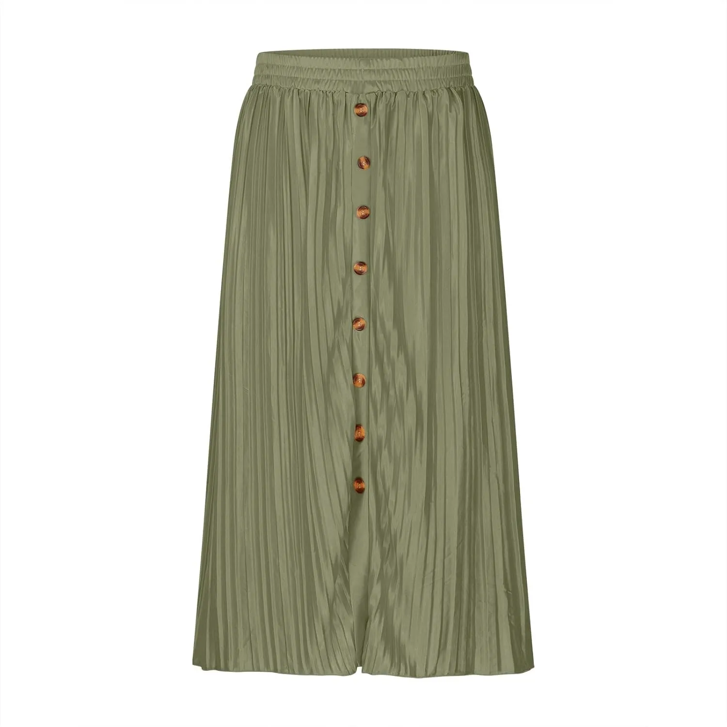 Midi Skirt for Women Summer Vintage Stretch High Waist Button Front A-Line Skirts Casual Solid Flowy Pleated Skirt