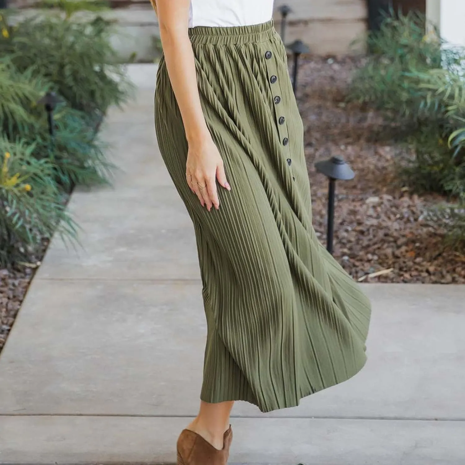 Midi Skirt for Women Summer Vintage Stretch High Waist Button Front A-Line Skirts Casual Solid Flowy Pleated Skirt