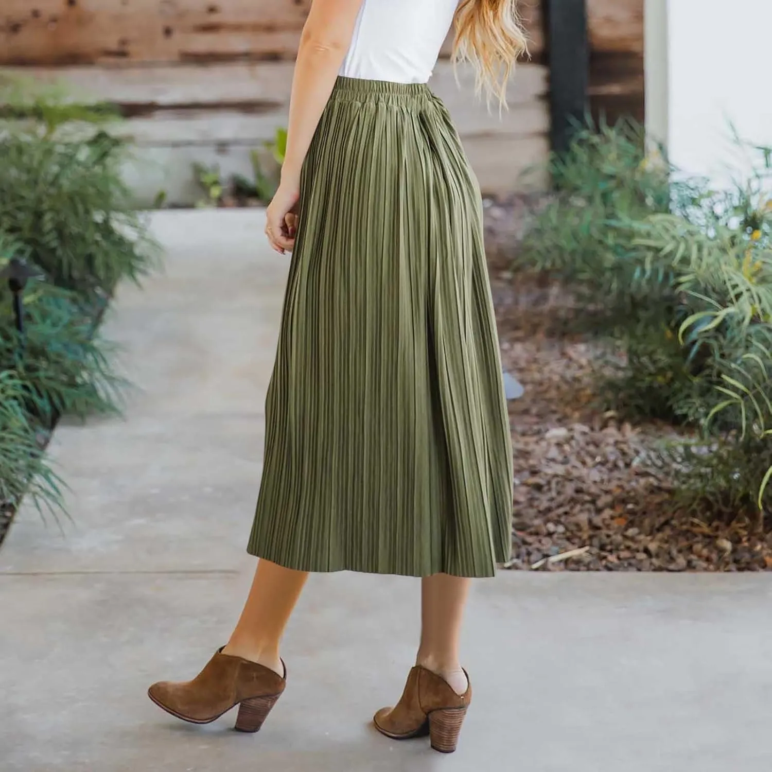 Midi Skirt for Women Summer Vintage Stretch High Waist Button Front A-Line Skirts Casual Solid Flowy Pleated Skirt