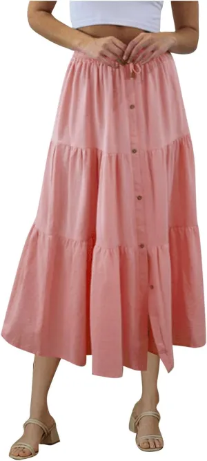 Midi Skirts for Women Button Front Casual Summer Skirts Drawstring High Waisted A Line Tiered Boho Flowy Beach Skirts