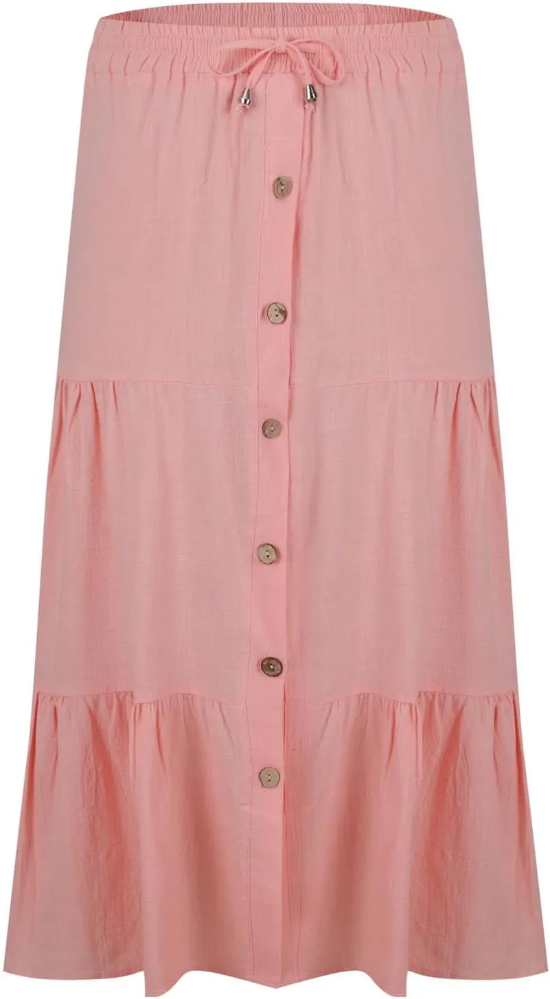 Midi Skirts for Women Button Front Casual Summer Skirts Drawstring High Waisted A Line Tiered Boho Flowy Beach Skirts