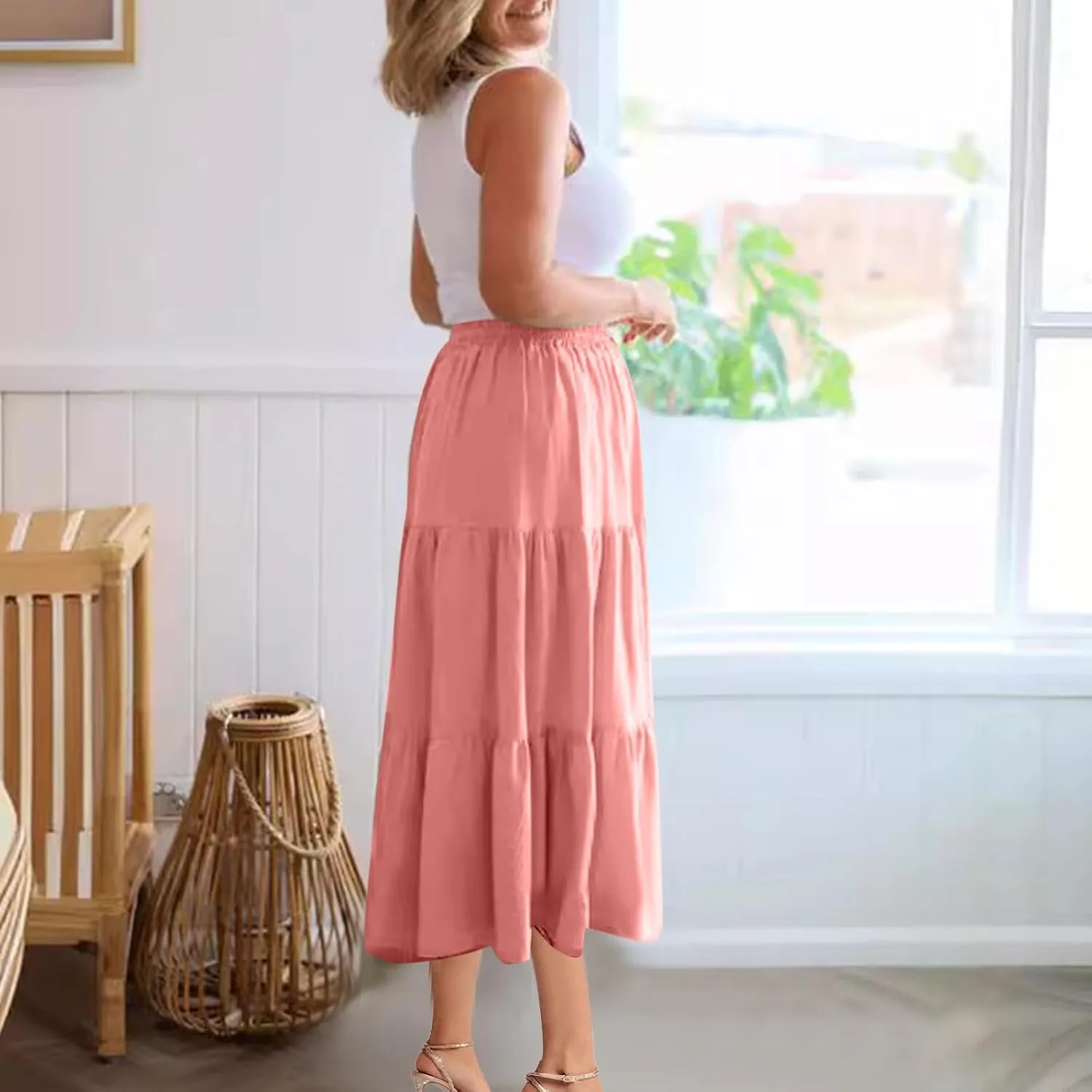 Midi Skirts for Women Button Front Casual Summer Skirts Drawstring High Waisted A Line Tiered Boho Flowy Beach Skirts