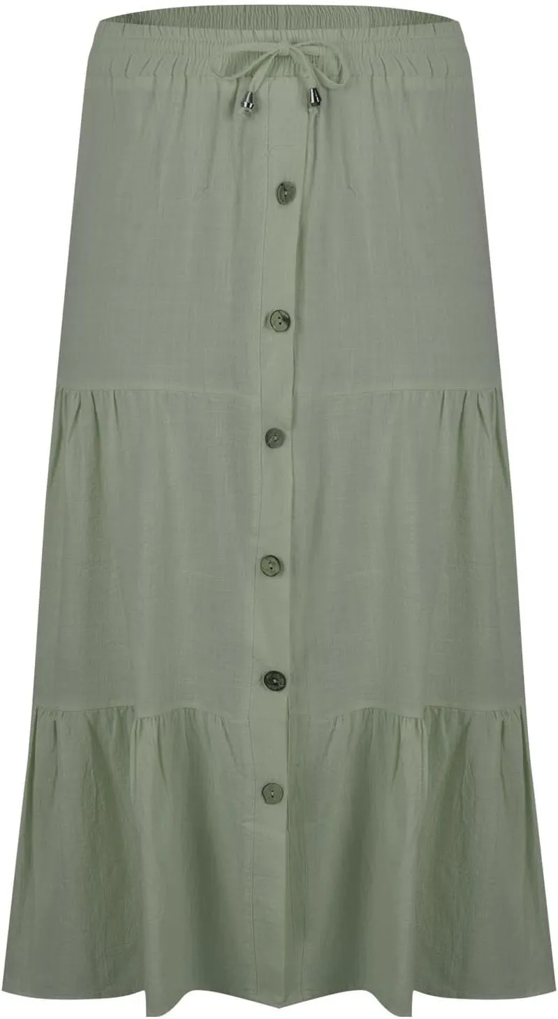 Midi Skirts for Women Button Front Casual Summer Skirts Drawstring High Waisted A Line Tiered Boho Flowy Beach Skirts