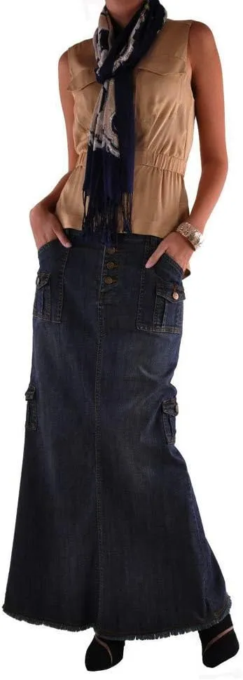 Midi Skirts for Women Fashion Straight Long Mid Waist Womens Denim Button Front Pocket Maxi Skirts Spring Dresses