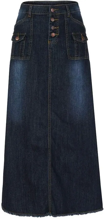 Midi Skirts for Women Fashion Straight Long Mid Waist Womens Denim Button Front Pocket Maxi Skirts Spring Dresses