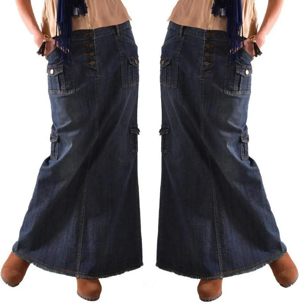 Midi Skirts for Women Fashion Straight Long Mid Waist Womens Denim Button Front Pocket Maxi Skirts Spring Dresses