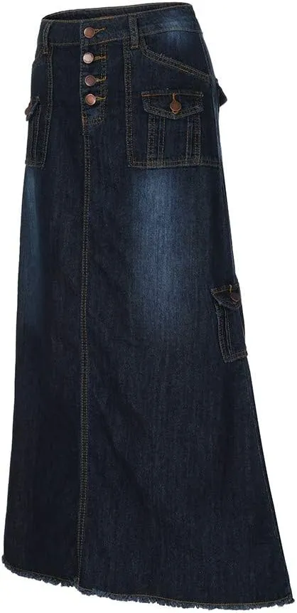 Midi Skirts for Women Fashion Straight Long Mid Waist Womens Denim Button Front Pocket Maxi Skirts Spring Dresses