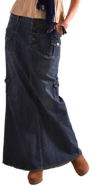 Midi Skirts for Women Fashion Straight Long Mid Waist Womens Denim Button Front Pocket Maxi Skirts Spring Dresses