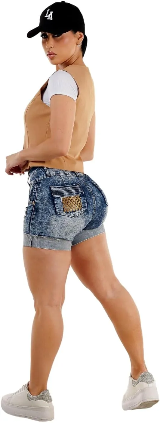 Moda Xpress Butt Lifting Denim Shorts for Women - Mid - High Waisted Shorts - Levanta Cola