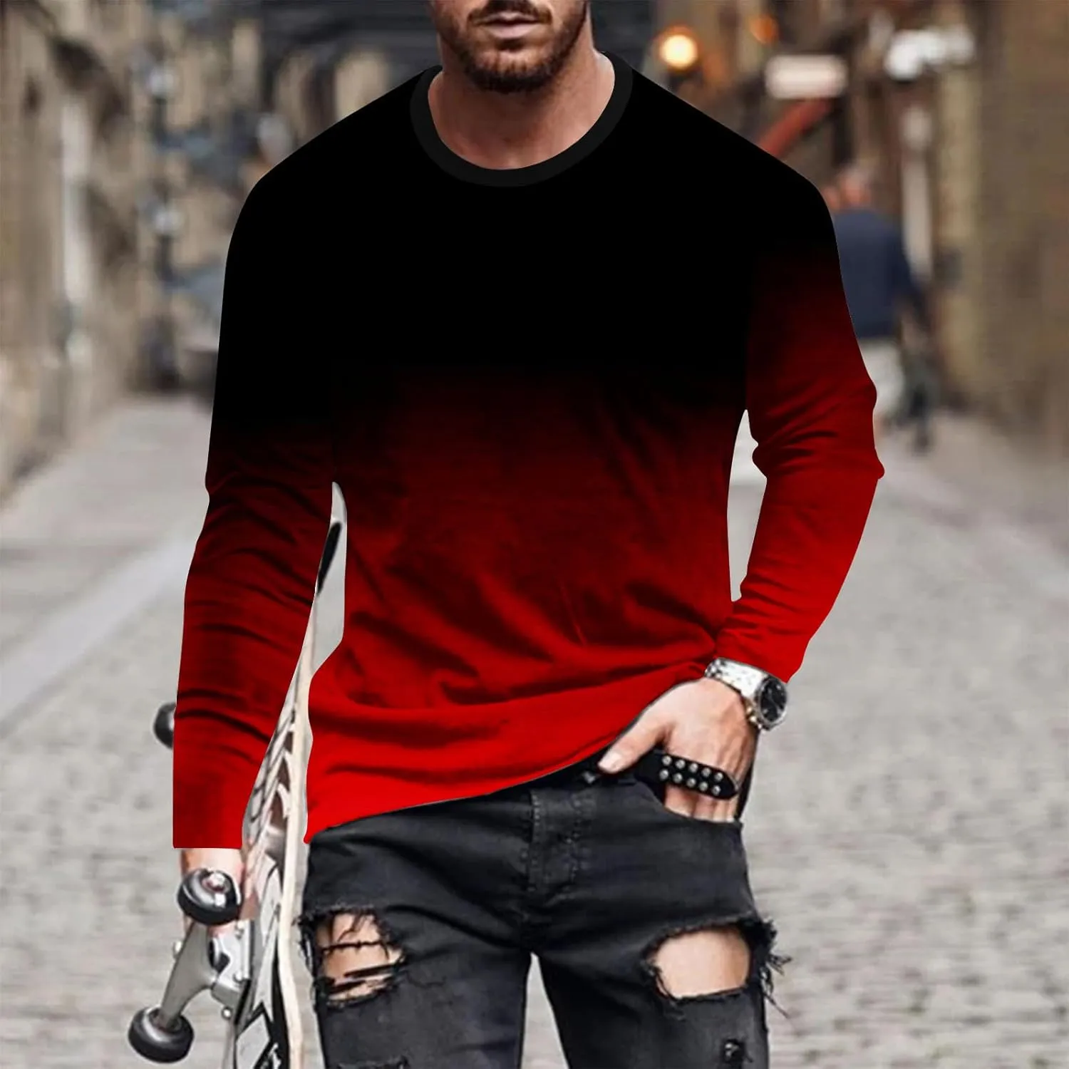 Muscularfit Mens Long Sleeve Shirts Casual Gradient Color Loose Pullover Graphic Tee Shirts Fall Fashion Athletic Sweatshirts